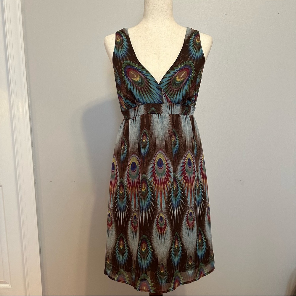 Y2K Charlotte Russe Peacock Boho Babydoll Tie-Back Mini Dress Size M